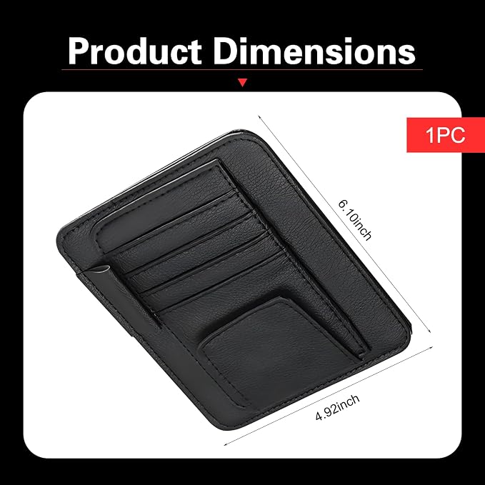 Car Sun Visor Organizer, Premium Leather Sun Visor Sunglass Holder with Card Holders & Pen Clip Slot, Universal Car Interior Organizer for Driving License, Card, Pen (Black)