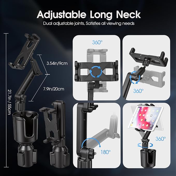 Cup Holder Tablet Mount, Ipad Cup Holder Car Mount Expander [2026 Upgraded] with 22" Height Adjustable Arm for Tablet iPhone 3-13in iPad Pro Air Mini, Fire, iPhone 15, Galaxy S24 Z Fold 5