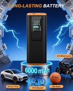 Tire Inflator Portable Air Compressor for Bike, Car, Motorcycle - 150PSI Air Pump for Car Tires with Precision Sensor, 6000mAh Battery, LCD Display, Emergency LED Light