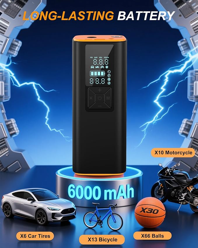 Tire Inflator Portable Air Compressor for Bike, Car, Motorcycle - 150PSI Air Pump for Car Tires with Precision Sensor, 6000mAh Battery, LCD Display, Emergency LED Light