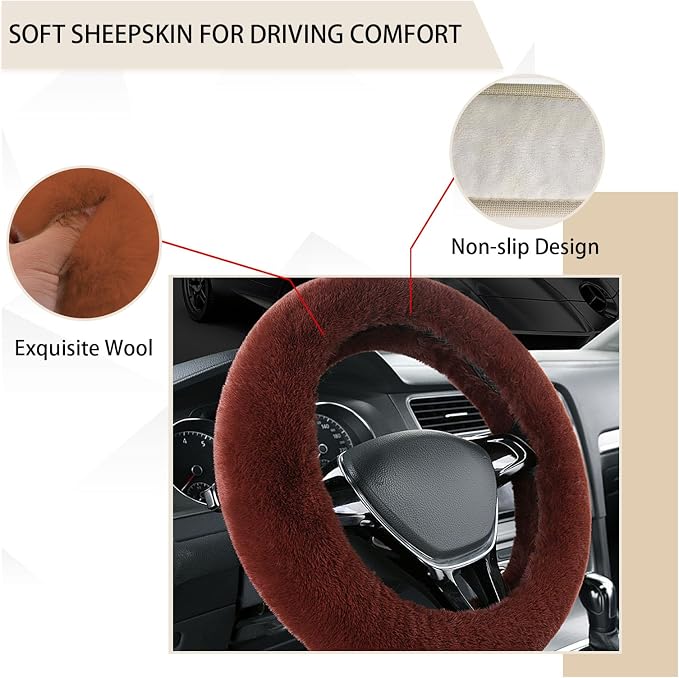 Fuzzy Steering Wheel Cover, 15 inch Soft Wool Fur Steering Wheel Protector, Fluffy Wheel Covers for Winter Warm, Car Interior Decoration Accessories for Women Men (Coffee)