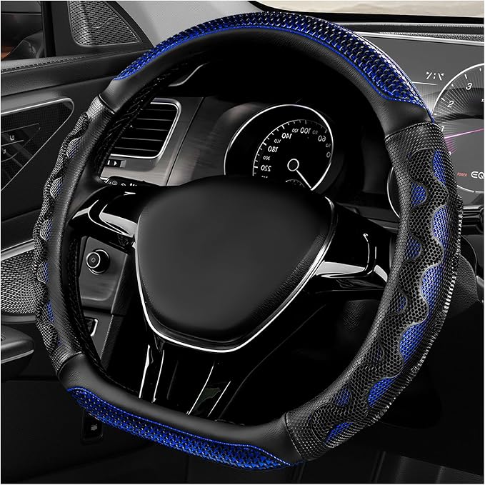 D-Shaped Steering Wheel Cover, Leather Car Wheel Protector with 3D Honeycomb Anti-Slip Design, Universal Breathable Comfy Cover Fits 14.5-15 Inch Steering Wheels, Car Accessories (Blue)