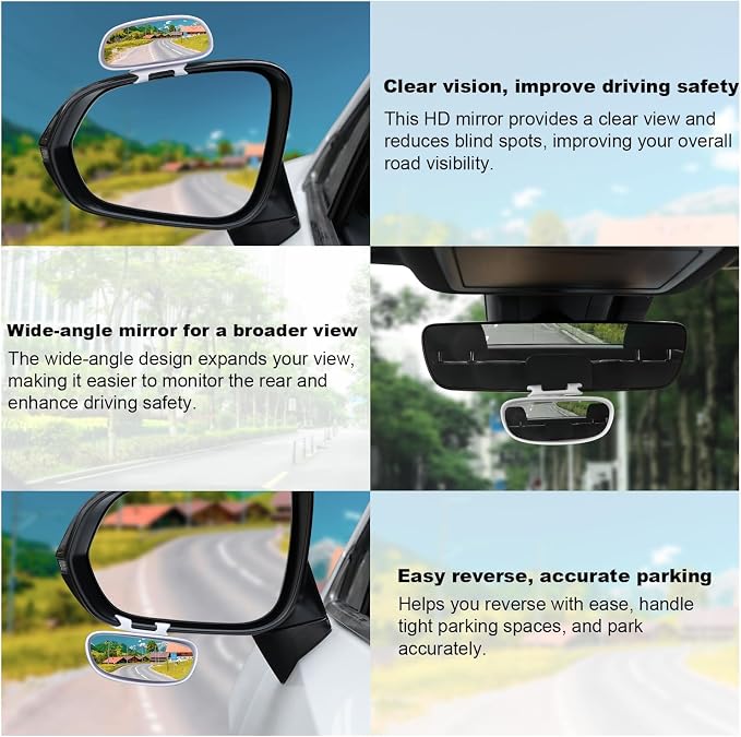 Clip on Blind Spot Mirror, HD Glass Frameless Convex Rear View Mirrors Exterior Accessories with Wide Angle Adjustable Stick for Car SUV and Trucks, White