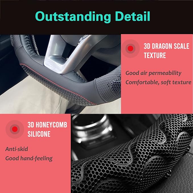 D Shaped 14.5-15 Inch Steering Wheel Cover Great Grip with 3D Honeycomb Anti-Slip Design, Flat Bottom 14.5-15 Inch (Black/Red Stitch)