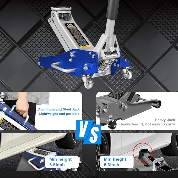 T815016L Torin Hydraulic Low Profile Aluminum and Steel Racing Floor Jack with Dual Piston Quick Lift Pump, 1.5 Ton (3,000 lb) Capacity, Blue, T815016L