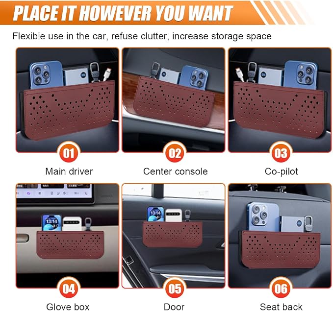Car Seat Side Pocket Organizer, Multifunctional Mini Console Storage Bag for Phone, Keys, Sunglass, Wallet, PU Leather Tray Pouch Car Organizer Accessories for Seat, Door, Window, Console (Red)