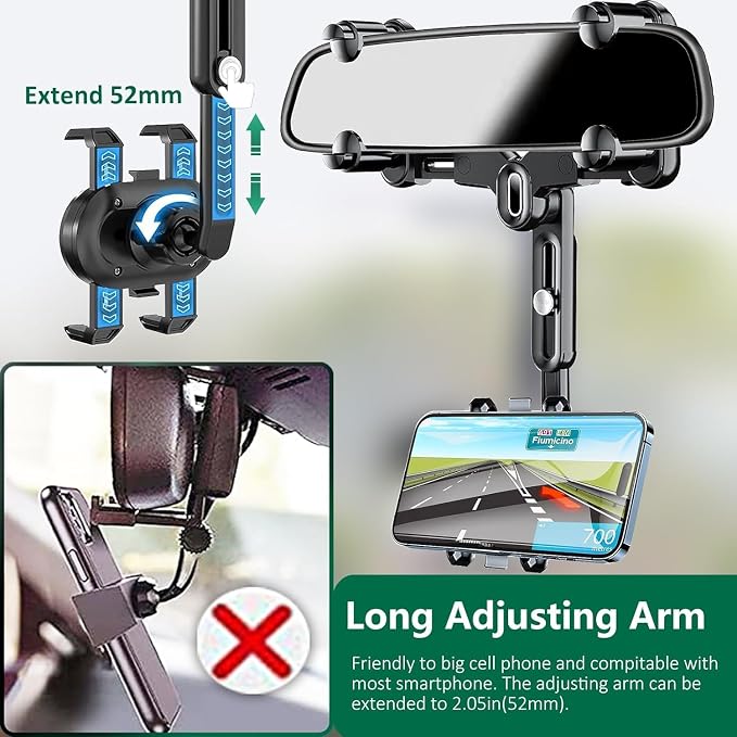 Rearview Mirror Phone Holder for Car, 360° Rotating and Retractable Multifunctional Rear View Phone Mount, Upgraded Four Corners Fixed Anti-Shake Fit All Smartphones & Bigger Vehicle