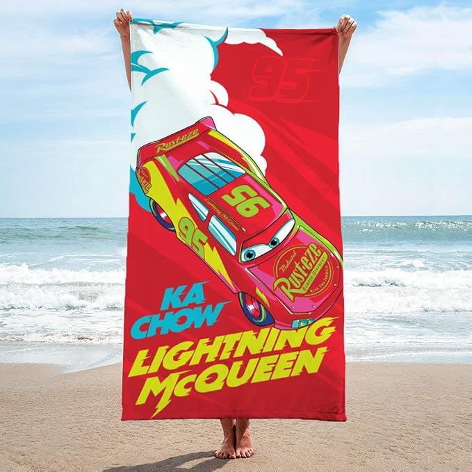 Children Beach Towel - 100% Cotton Super Soft Absorbent Bath Towel, 28" x 58" Inch Lightweight for Travel, Official Licensed Product, Red - Cars
