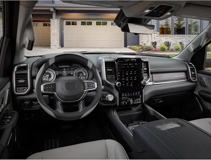 Customized Auto Car Steering Wheel Cover for Dodge RAM 1500 2500 3500, 15.5-16 inch (Black+Gray-Large Size)