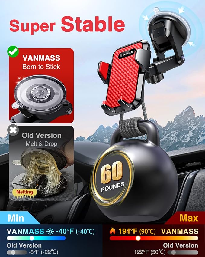 【85+LBS Strongest Suction & Military-Grade Ultimate Car Phone Mount【Patent & Safety Certs】 Cell Phone Holder for Dash Windshield Vent for iPhone 17 Pro Max Automobile Accessory Kits,Red