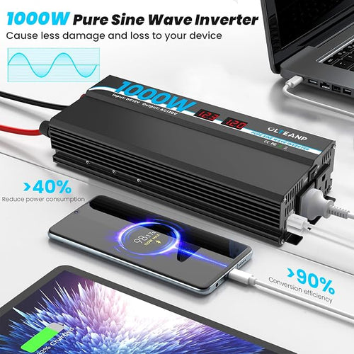 1000W Pure Sine Wave Inverter 12V DC to 120V AC Converter for Car, Truck, Home, Vehicles, Laptop, Car Inverter 12V to 110V with 2 AC Outlets, 2 USB Ports, LCD Display