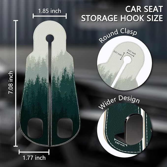 2PCS Car Seat Back Storage Headrest Hooks, Forest Trees Purse Holder Bags Hanger, PU Leather Double Metal Hook for Backseat Organizer, Women Car Accessories Organization