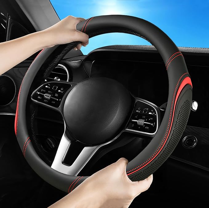 Leather Splicing Black Red Car Steering Wheel Cover,14.5-15 Inch Universal Microfiber Leather Covers Breathable Anti-Slip Odorless Steering Wheels Accessories for Men Women