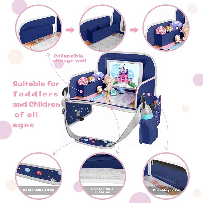 Car Seat Tray for Kids, Essential for Car Travel & Airplane Trips | Toddler Gift with Educational Drawing Board, Tablet Holder, Cooler Cup Holder & Storage Pocket, Space Pattern, Dark Blue