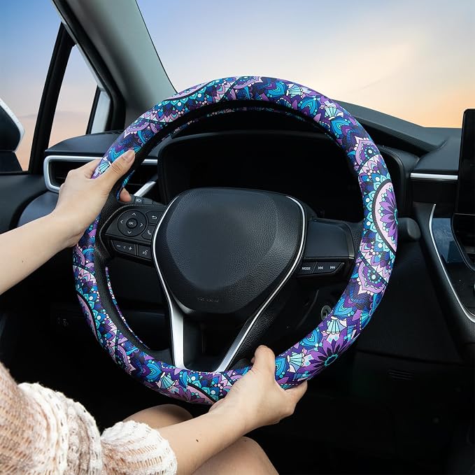 Purple Lotus Mandala Steering Wheel Cover Auto Jacquard Steering Wheel Protector, Anti-Slip, Breathable, Absorbing Sweat, Universal Car Accessories 14.5–15 inch,Fit for Most Car, Trucks, SUV