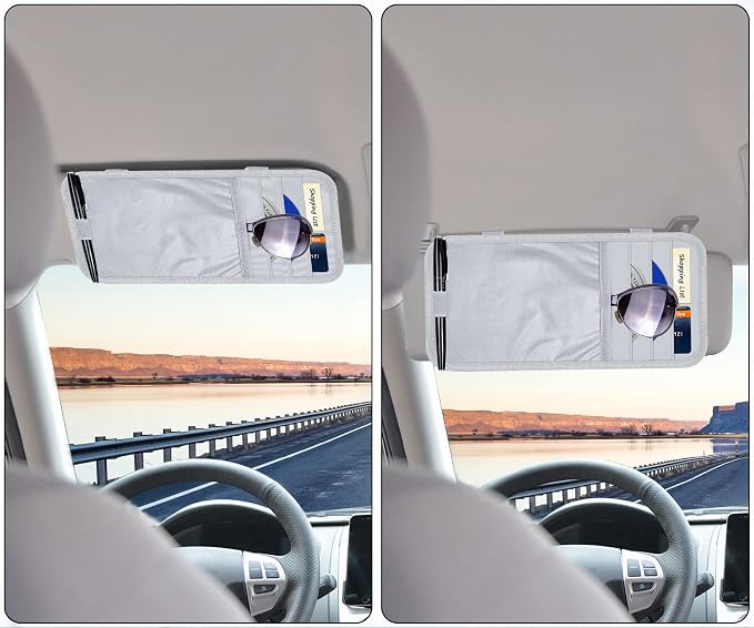 Car Sun Visor Organizer, Auto Storage Pouch with 3 CD Sleeves, Pen Holder, Strap & Pocket for Sunglass, Document, Card - Gray