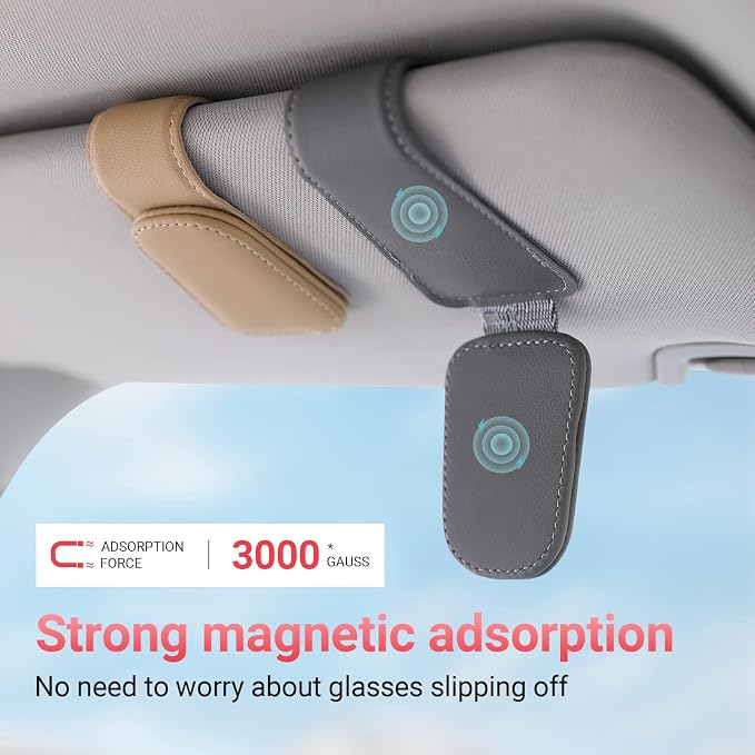 Sunglass Holder for Car Visor Sunglasses Clip Magnetic Leather Glasses Eyeglass Holder Interior Car Accessories for Woman Man - 2 Packs Gray