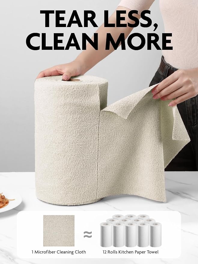 Microfiber Cleaning Cloth Roll- 75 Sheets, 12"x12" (CoolGrey) | Super Absorbent, Lint-free, Tear-away Microfiber Towel Roll, for All-Purpose Cleaning, Reusable Alternative to Paper Towels