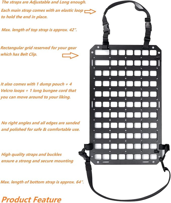 Rigid MOLLE Panel for Vehicle Seat Back Organizer Aluminum Alloy Plate for Auto Modular Storage Patrol Car Tactical Gear EDC Pouch Holder Holster Bag Rack Mount Platform
