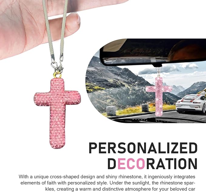 Bling Cross Car Hanging Accessories, Crystal Rhinestone Rear View Mirror Pendant, Religious Rearview Mirrors Decoration Charm, Car Hanging Ornament, Automotive Interior Accessories (Pink)