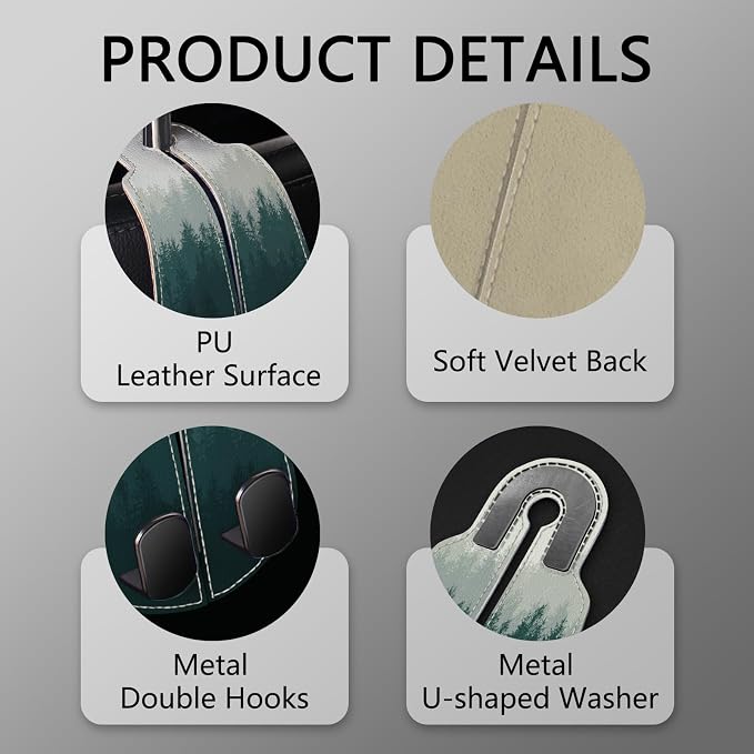2PCS Car Seat Back Storage Headrest Hooks, Forest Trees Purse Holder Bags Hanger, PU Leather Double Metal Hook for Backseat Organizer, Women Car Accessories Organization