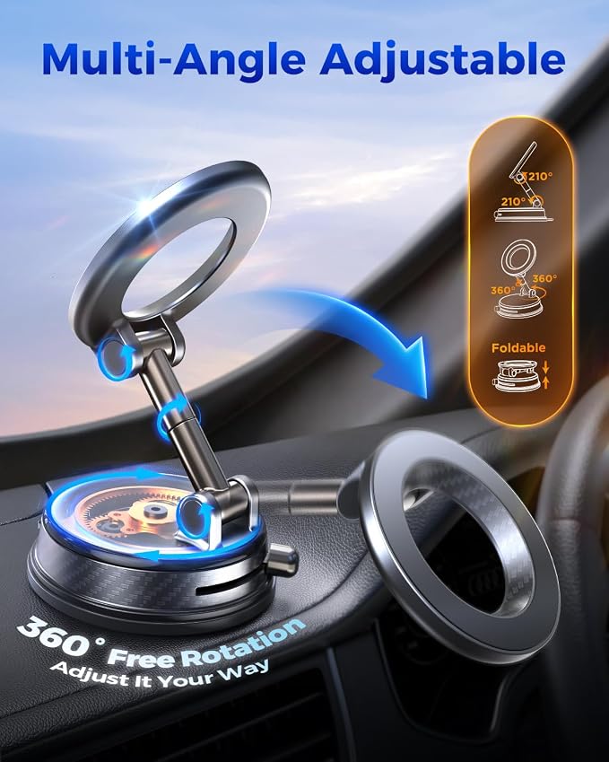 2026 Upgraded Vacuum Magnetic Car Phone Holder, 85LBS Strongest Suction & 2600gf Magnetic for Magsafe Car Mount, 360° Adjustable Foldable Cell Phone Holders for Your Car for iPhone 17 Pro Max 16 15
