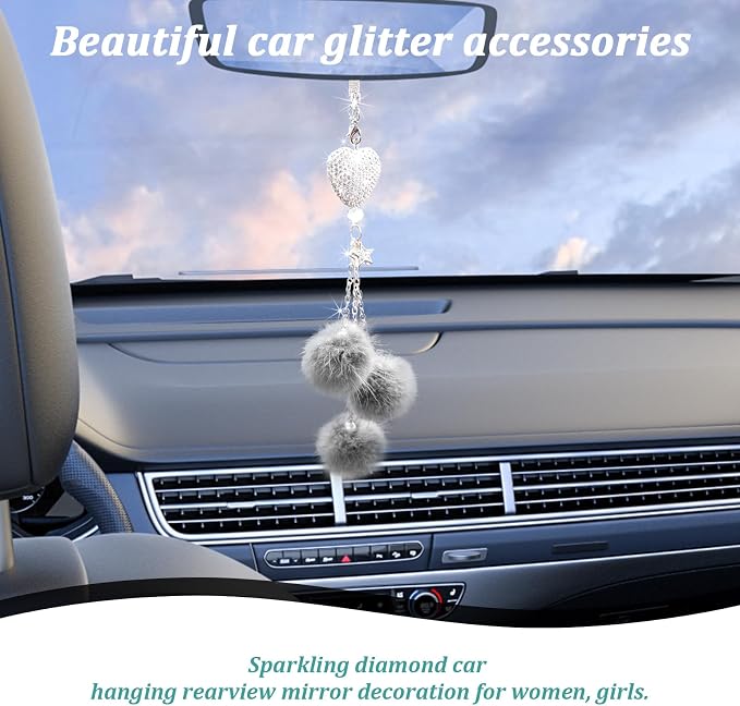 Bling Diamond Heart Car Interior Accessories, Mirror Hanging Ornament for Women, Love Heart & Pink Plush Ball Decor Ornament Pendant, Hanging Decoration Charm (Grey)