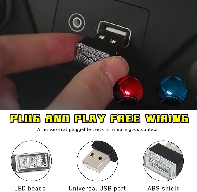 4 PCS USB LED Car Interior Atmosphere Lamp, Plug-in USB Decor Night Light, Portable Auto Ambient Lighting Kit, Universal Vehicle Interior Accessories for Most Cars (2 Red+2 Ice Blue)