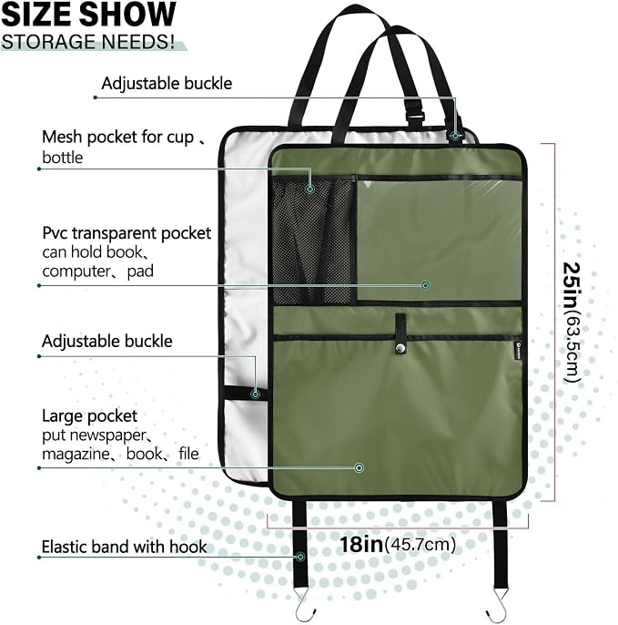 Dark Green Car Seat Organizer for Kids Backseat Kick Mat with Adjustable Strap Backseat Protector for SUV Vehicle Cars 2 Pcs