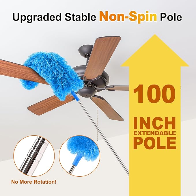 5-in-1 Microfiber Duster Kit with 100” Extension Pole – Reinforced Stainless Steel Telescopic Handle for High Ceiling Fans, Cobwebs & Vents – Multi-Head Dusters for Cleaning with Anti-Spin Pole