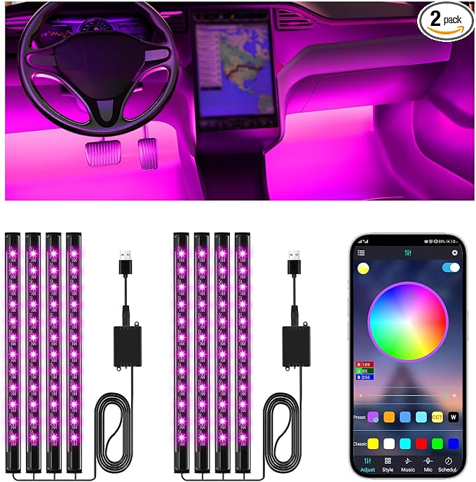 Led Lights for Car Accessories Interior, Christmas Stocking Stuffers White Elephant Gifts for Men Women Adults, APP Control with USB Port Color Change Lights for Truck Decor 2 Pack