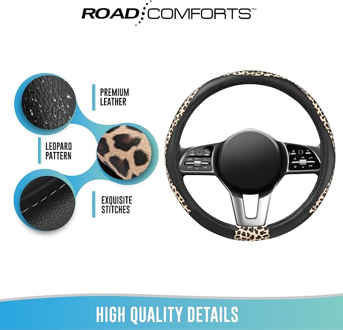 Steering Wheel Cover - Made with PVC Leather and Leopard Fabric - Universal 14 1/2 inches to 15 inches for Most Automotive Steering Wheel - Cheetah Print - Black