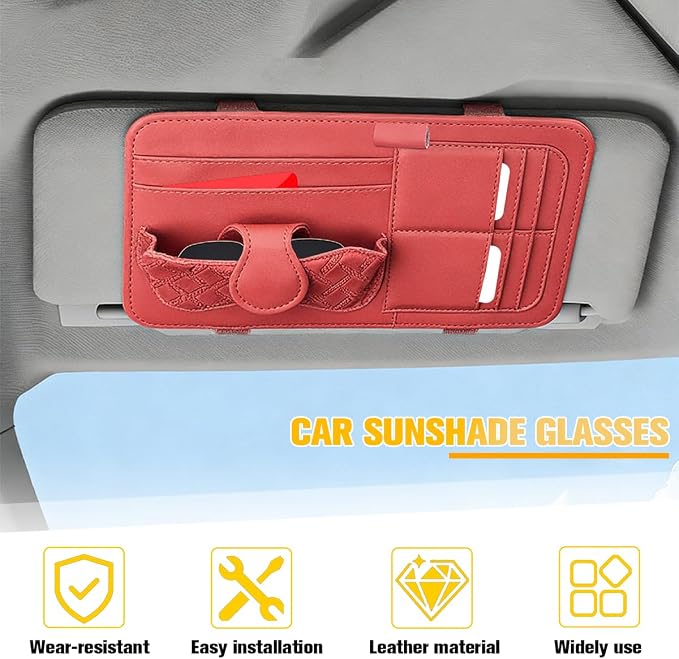 Car Sun Visor Organizer, Multifunctional Visor Storage Pouch with Sunglasses Holder & Card Sleeve Pocket, Auto Interior Organizer Pocket Bag for Pens Cards Documents, Universal Fit (Red)