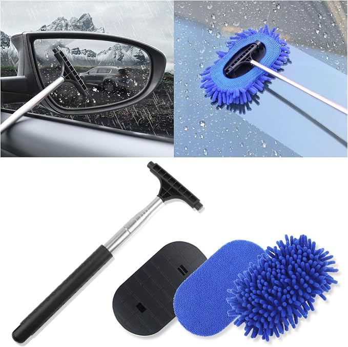 Car Windshield Cleaner Tool,3 in 1 Car Window Cleaner Tool Kit with Retractable Handle & 2 Re-Usable Microfiber Pads,180° Swivel Cars Cleaning Tools for Auto Outside/Inside