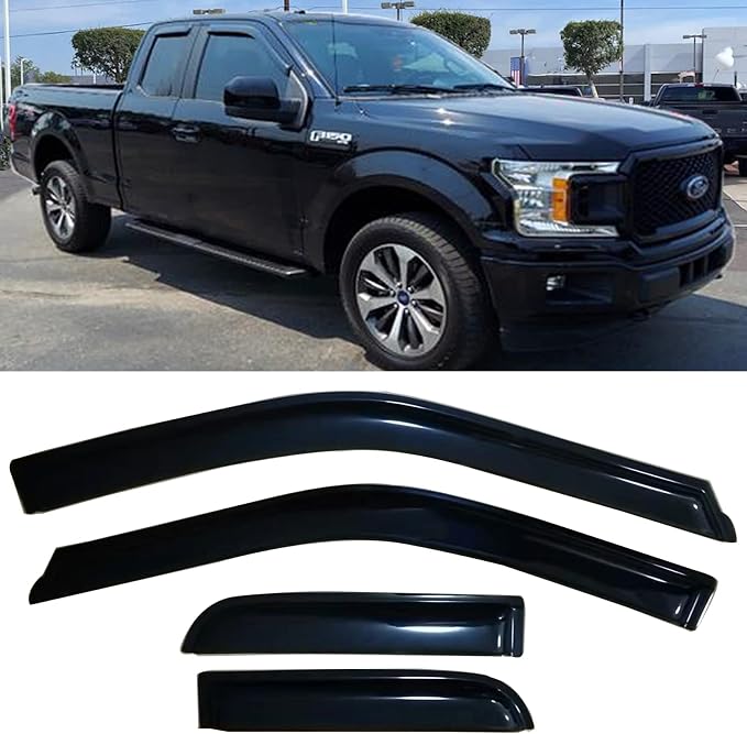 Side Window Visors rain Guards Vent Deflectors for 2015-2025 Ford F150 Super Cab 2017-2025 F250/350 Super Duty SuperCab Rain Guards Sun Shade Dark Smoke 4PCS