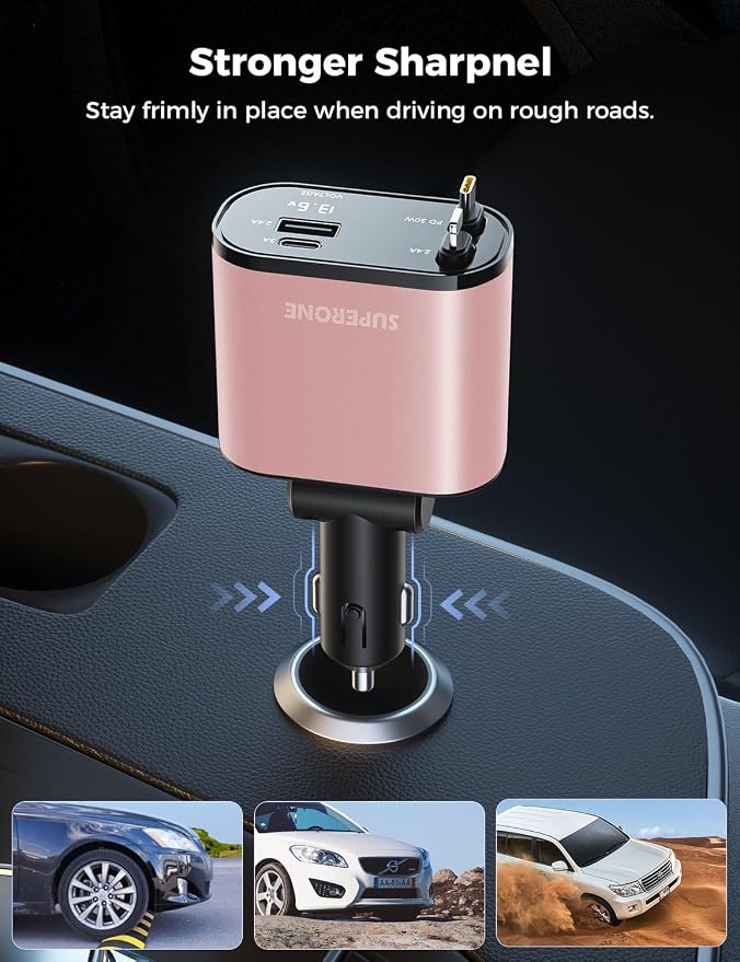 【Upgraded】 Retractable Car Charger 4 in 1, Fast Car Phone Charger with Cord 2.6ft, USB C Car Charger Adapter, Compatible with iPhone 17/16/15/15 Pro Max/14/13/12/11, Galaxy, Pixel