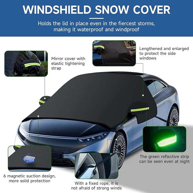 Car Windshield Snow Cover with Side Mirror Cover & 2 in 1 Brush | Thickened 4 Layers, Cold Protection, Ice Scraper, For Most Cars SUVs Trucks