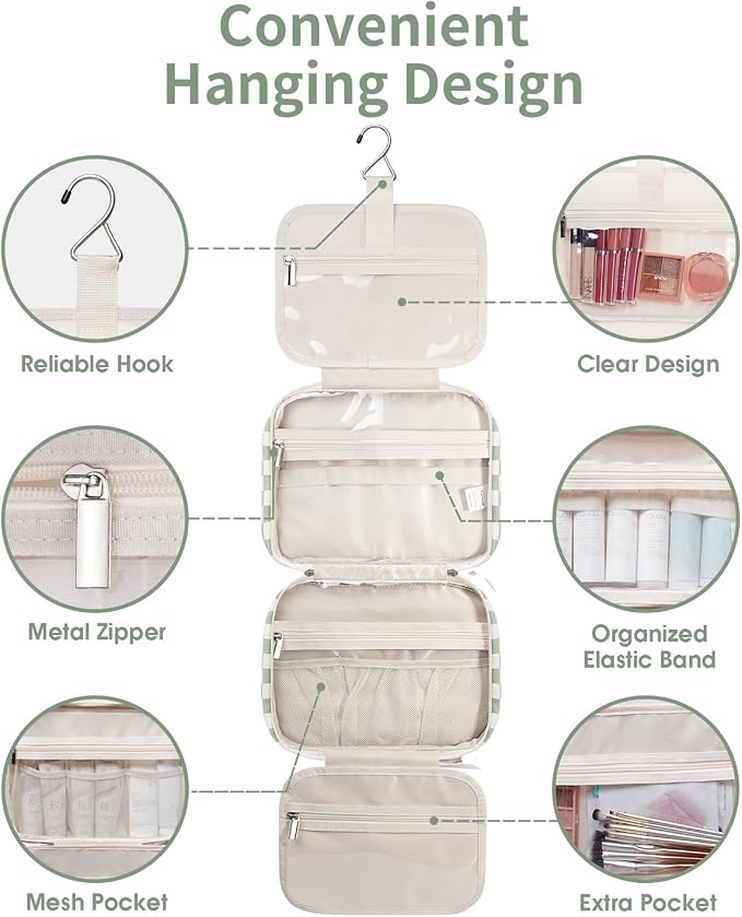 Travel Toiletry Bag for Women Large Capacity, Hanging Makeup Bag Organizer Toiletries Bag for Full Size Essentials, Accessories, Brushes, Cosmetics (Mint Green Checkerboard (Large))