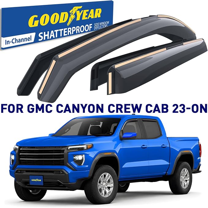 Goodyear Shatterproof in-Channel Window Deflectors for GMC Canyon 2023-2026 Crew Cab, Rain Guards, Window Visors for Cars, Vent Deflector, Car Accessories, 4 pcs - GY008455