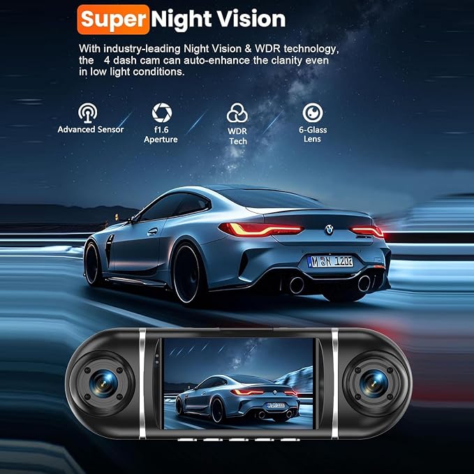 4 Channel Dash Cam Front and Rear Left Right, 360° View 1080P Car Dash Camera, Super Night Vision, G-Sensor,170° Wide Angle, Loop Recording, 24H Parking Monitor, WiFi & APP Control, 64GB SD Card