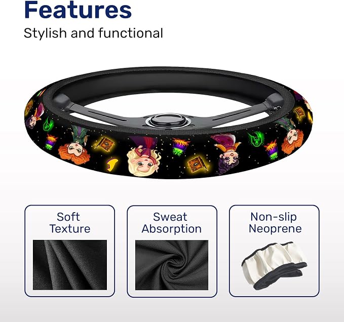 Black Witchy Halloween Steering Wheel Cover, Non-Slip Polyester Wheel Grip, Universal 15 Inch Car Accessory