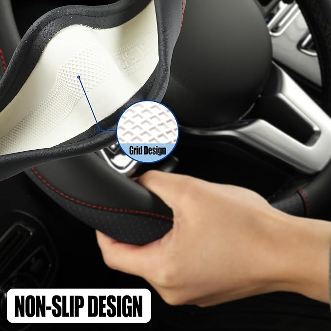 Black Breathable Microfiber Leather Steering Wheel Cover | Breathable Anti Slip Grip Cool Sporty Look Glow for Women Men