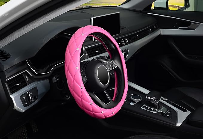 Diamond Leather Steering Wheel Cover with Bling Bling Crystal Rhinestones, Universal 15 inch,Dark Pink