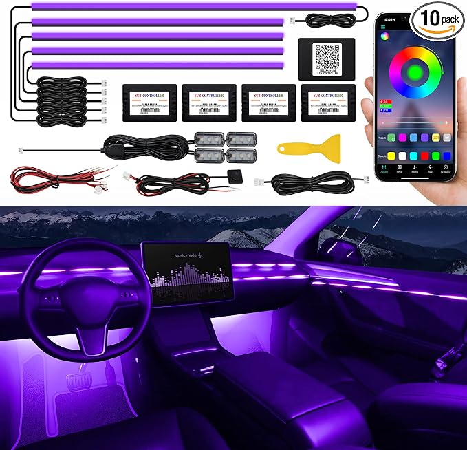 Acrylic Interior Car LED Strip Light with Wireless APP, RGB 10 in 1 with 175 inches 593 LEDs Fiber Optic Ambient Lighting Kits, 16 Million Colors Sound Active Function Car Neon Lights