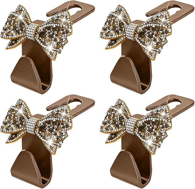 Zpana Bling Car Headreat Hook, 2PCS Crystal Rhinestone Cute Bow Vehicle Seat Back Hanger Storage for Purses Bags Grocery, Diamond Auto Rear Seat Organizer, Universal for SUV Truck Sedan (Gold)
