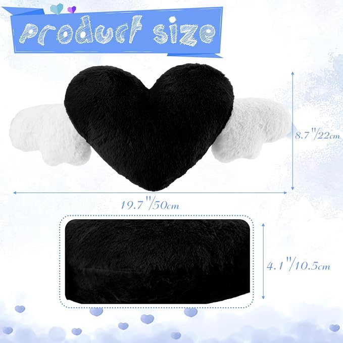 2 Pcs Plush Heart Shaped Pillow with Angel Wings Car Headrest Soft Comfortable Seat Pillow for Driving Travelling Room Office Car Decor, 19.7 x 8.3 Inch(Black)