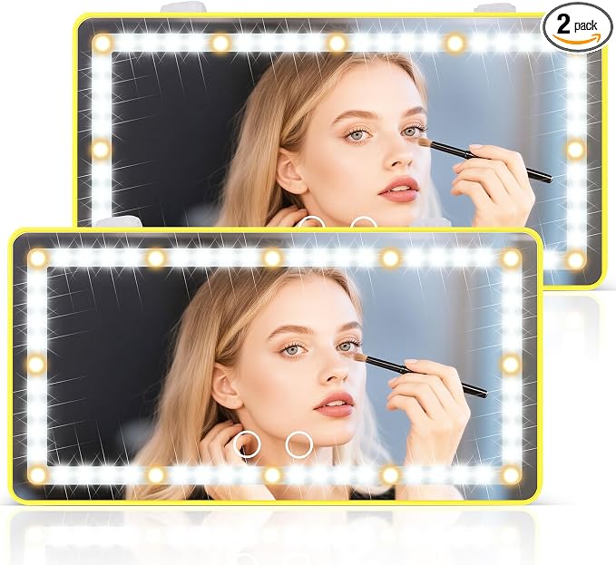 2PCS Car Sun Visor Vanity Mirror - Rechargeable Makeup Mirror with 60 LEDs, 3 Light Modes & Dimmable Touch Control for Cars, Trucks, SUVs, Car Interior Accessories for Women (Yellow)