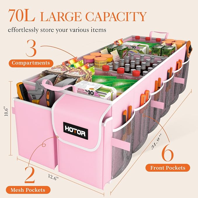 Trunk Organizer for suv - Car Organizer, Foldable Trunk organizer for SUVs & Sedans, Sturdy Car Organization for Car Accessories, Tools, Sundries, Pink, 3 Compartments, 31.9"×12.6"×10.6"