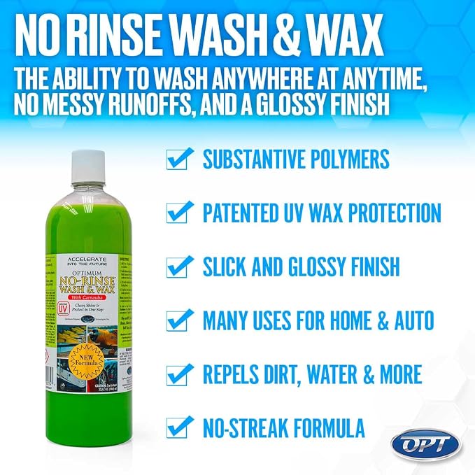 Optimum No Rinse Wash and Wax – Rinseless Car Wash Formulated with Carnauba Wax with UV Protection - For Cars, RVs, Trucks, Motorcycles and more (8 oz.)