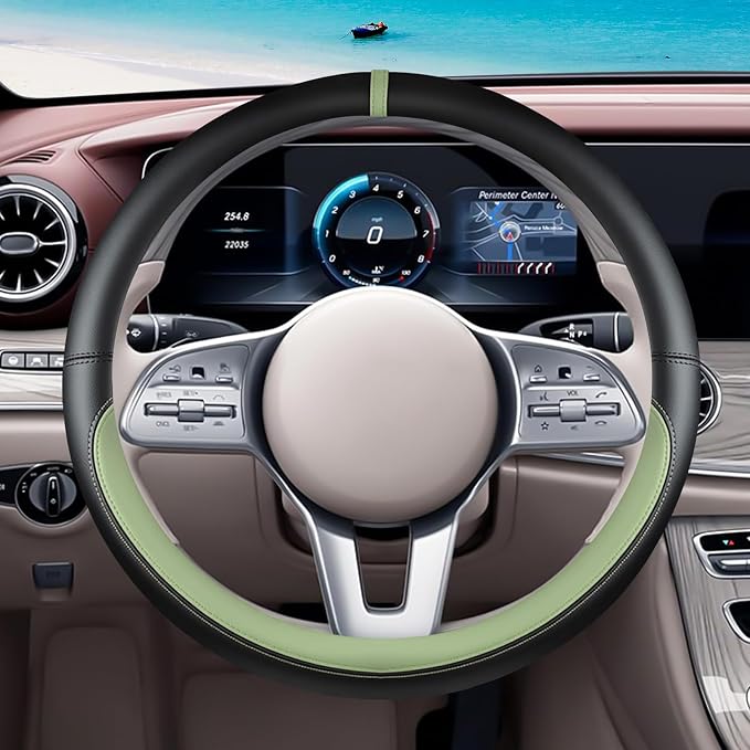 Black Avocado Green Car Steering Wheel Cover, Nappa Leather, Bottom Color Blocking, Universal 14.5-15 Inch Leather Anti-Slip Breathable Auto Steering Wheel Covers for Men Women